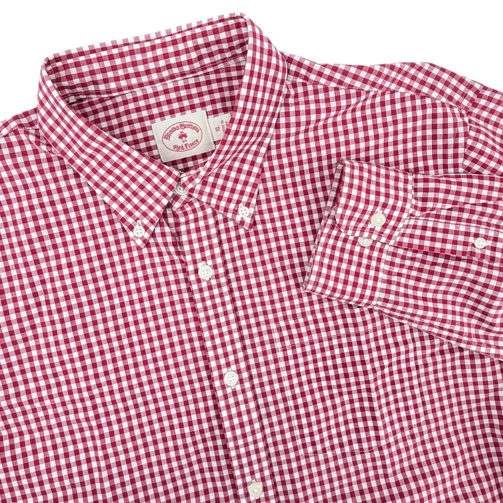 Brooks Brothers Red Fleece Shirt Mens XL Red White Gingham Button Down Excellent